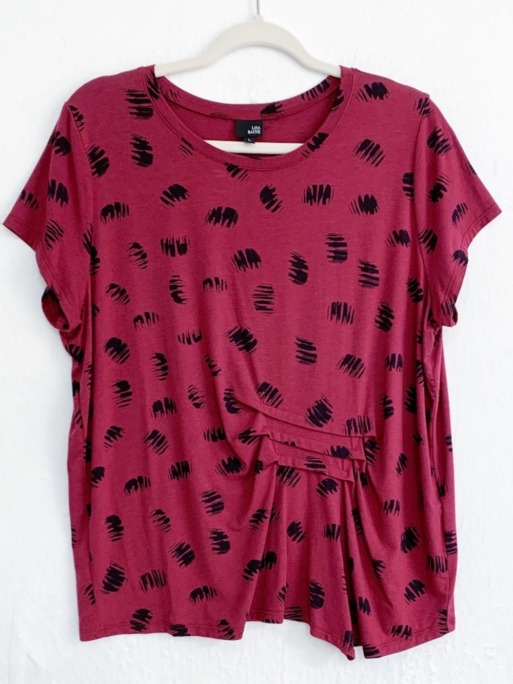 Lisa Bayne Bamboo Jersey Knit Pleated Top in Burgundy Brushstrokes Sz L